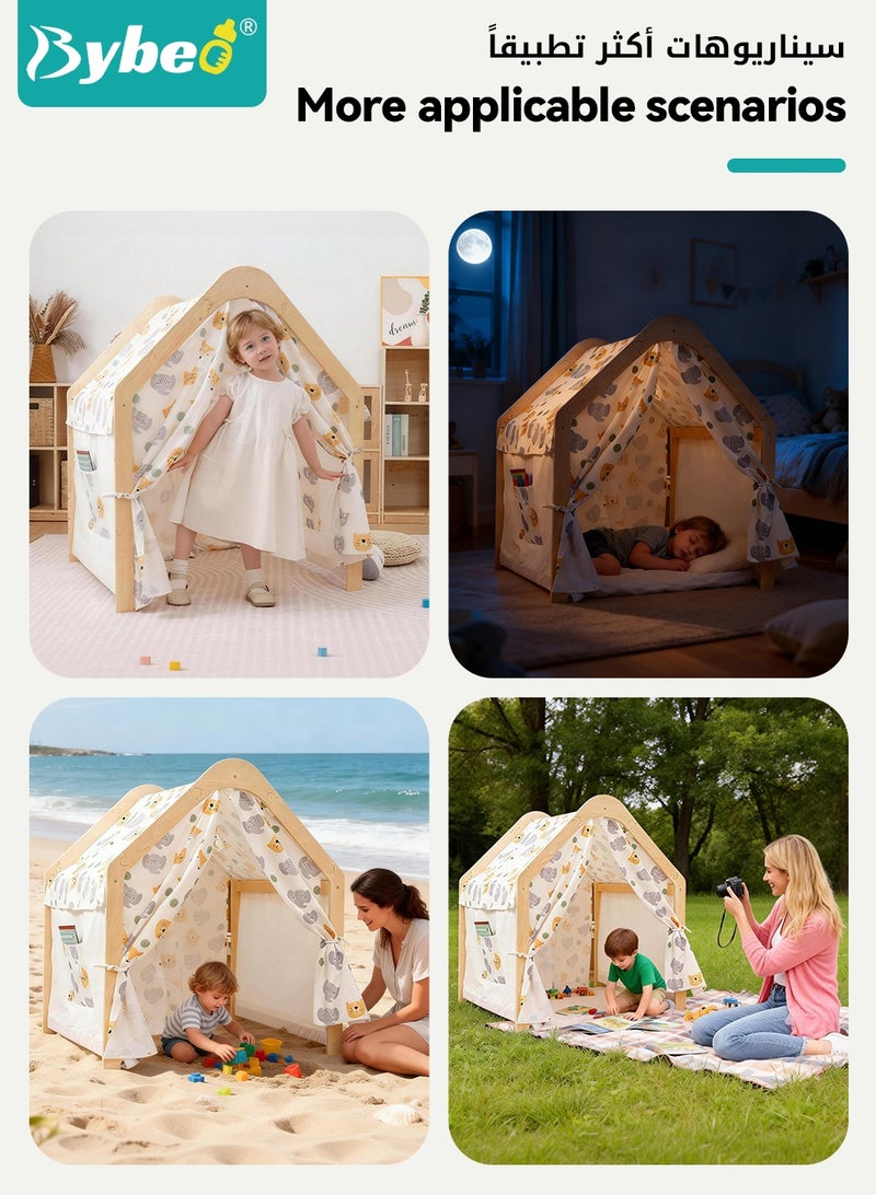 Bybeo Kids Play Tent, Wooden Children Tent House, Kids Playhouse with Side Storage Bags, Toddler Activity Center for Indoor & Outdoor for Girls Boys, Super Stable - Image 4